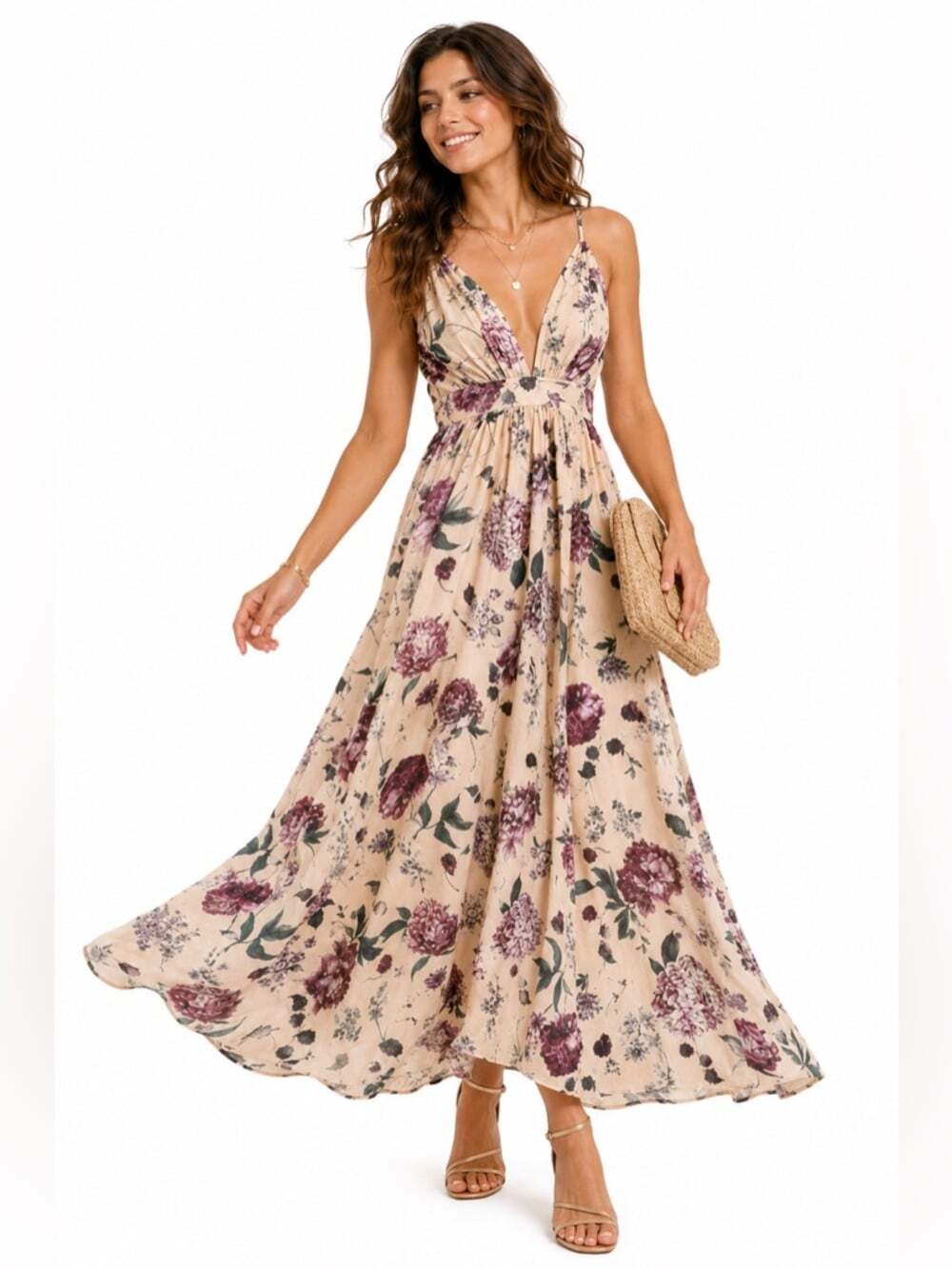 SHEIN VCAY Floral Maxi Dress Plunging Criss Cross Backless Boho Vacation Size 4